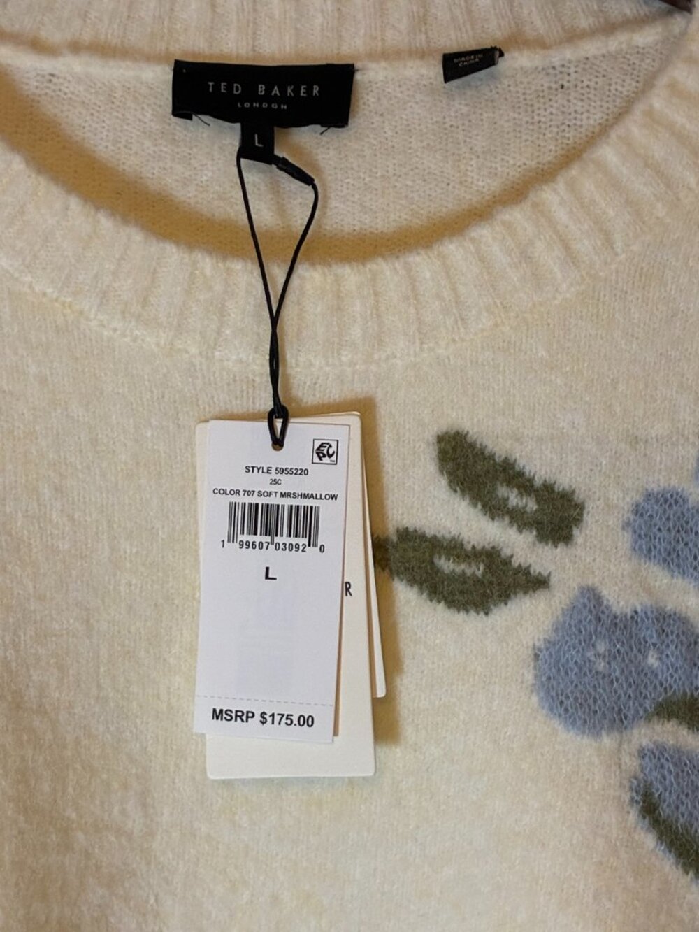 NWT Ted Baker Coquette Cream Blue Floral Jacquard Knit Sweater Large